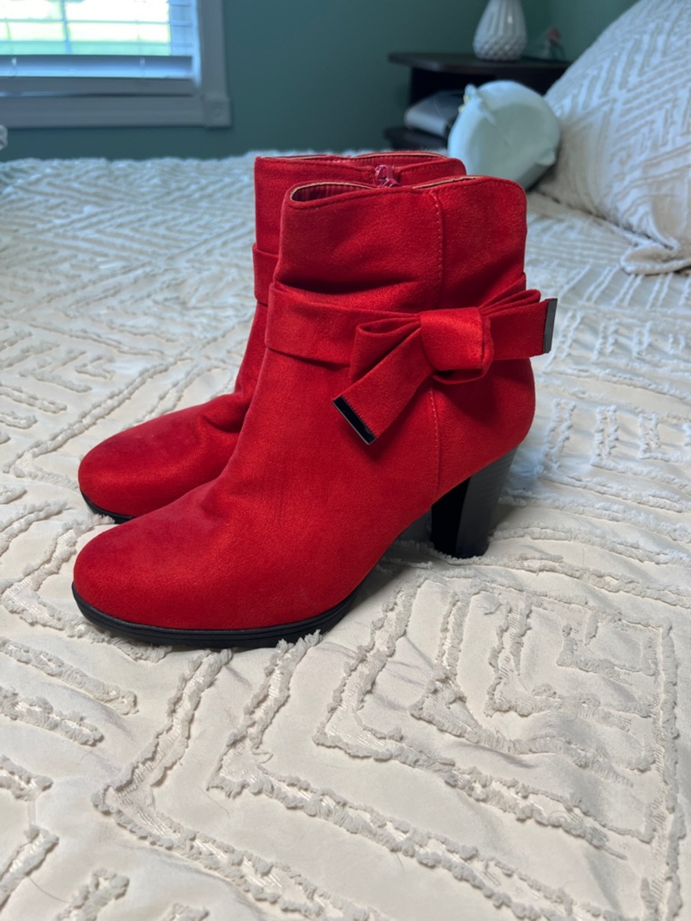 Red Suede Bow Accent Women's Ankle Boots